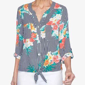 Ruby Rd. Womens 3XL Hi Low Floral striped crepe top 3/4 sleeve Tie Front